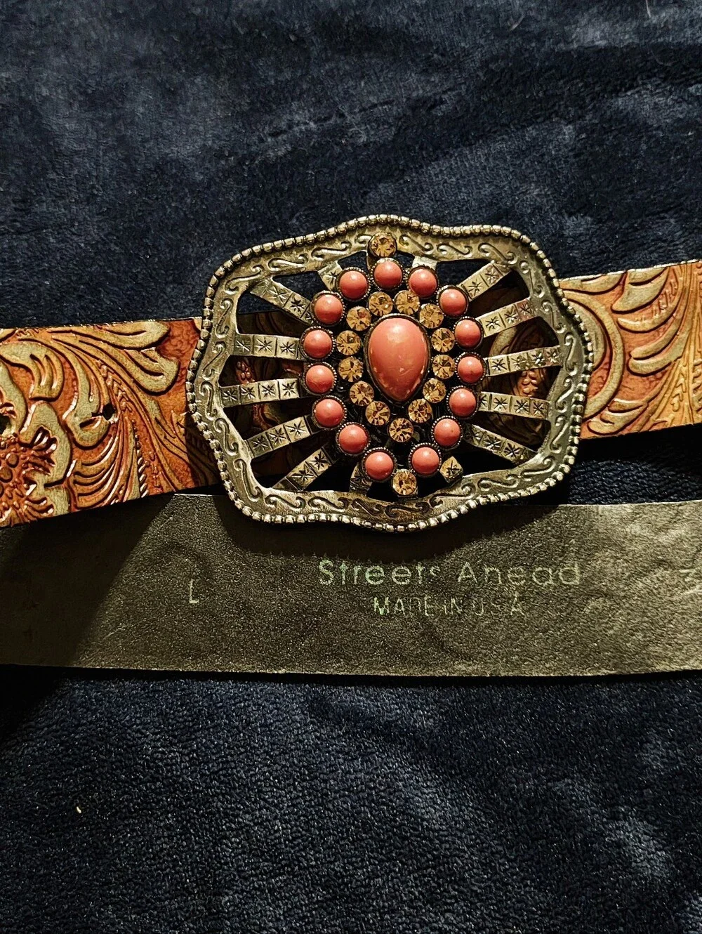 Vintage 90s Streets Ahead Leather Belt Large Western Tooled Coral Rhinestone